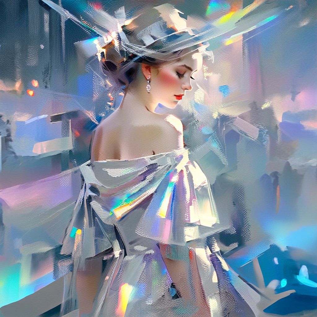 holographic cloth,leishe,laser,a 20yo girl,masterpiece,best quality,highly detailed,city_background,nights,shallow depth of field,bichu,oil painting
