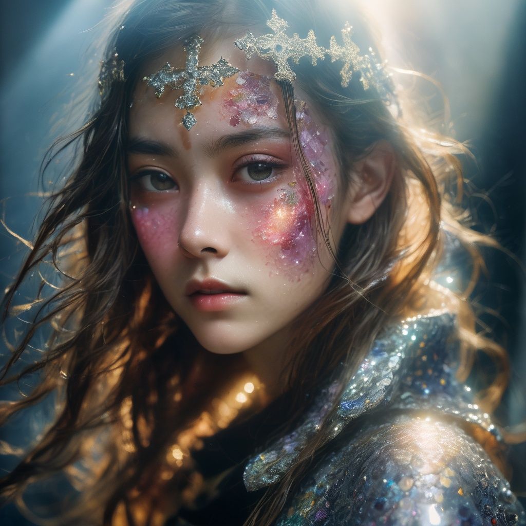 real world,(hyperrealism:1.1),(the world of glass:1.3),(scales of extreme detail:1.3),best quality,
dingdall effect,1girl,fog,(sunlight exposure:1.3),(sunlight through the hair:1.3),long hair,sweat,(look looking at viewer:1.3),(wound:1.2),scab,damage,(colorful glass:1.2),holy light,cross,(dazzle light:0.9),big eyes,double eyelid,light makeup,white skin,face covered in sparkling diamonds,closed mouth,