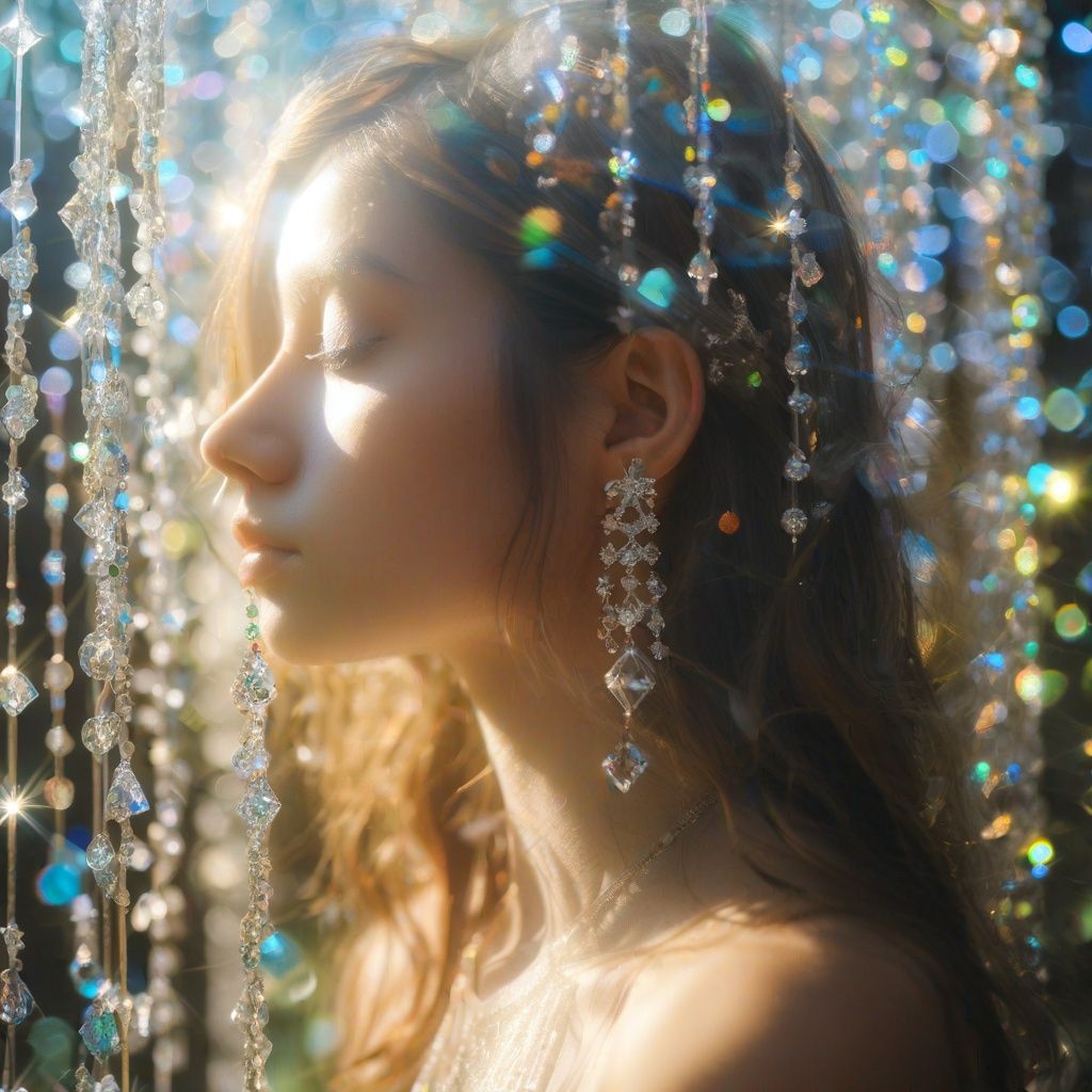 <lora:SDXL_Overlighting:1.4>,real world,(hyperrealism:1.1),(the world of glass:1.3),(scales of extreme detail:1.3),best quality,dingdall effect,1girl,fog,(sunlight exposure:1.3),(sunlight through the hair:1.3),long hair,sweat,(look looking at viewer:1.3),(colorful glass:1.2),holy light,cross,(dazzle light:0.9),big eyes,double eyelid,light makeup,white skin,(face covered in sparkling diamonds:1.2),closed mouth,