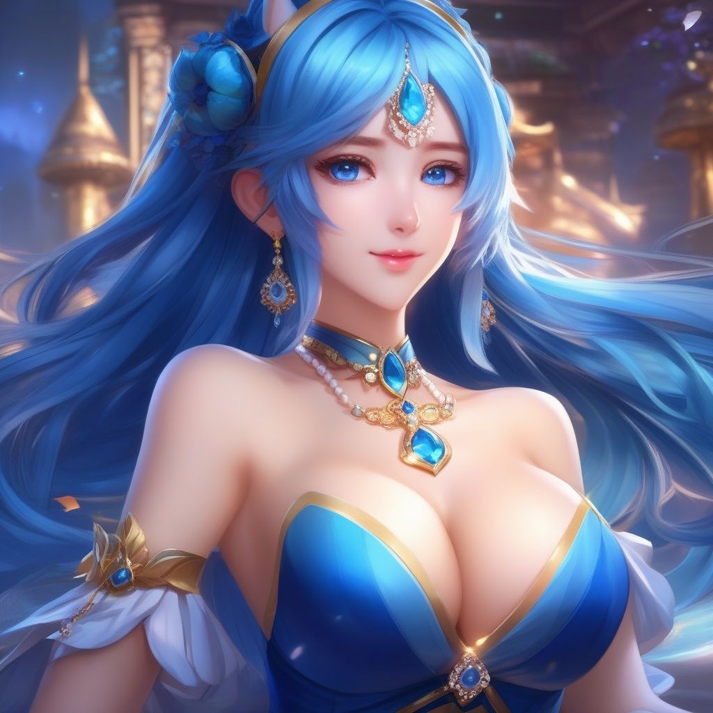 masterpiece, best quality, masterpiece,best quality,official art,extremely detailed CG unity 8k wallpaper, game_cg, artbook, absurdres, incredibly_absurdres, huge_filesize, highres, wallpaper,sakimichan, 1girl, breasts, solo, thighhighs, long hair, lying, blue eyes, twintails, wings, blue hair, sona \(league of legends\), on side, large breasts, cleavage, dress, very long hair, blue dress, looking at viewer, jewelry, bare shoulders, hair ornament, necklace, smile, parted lips, strapless