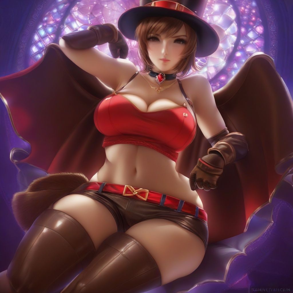sakimichan, reisalin stout, 1girl, red shorts, single glove, solo, breasts, brown hair, short shorts, navel, leather gloves, shorts, jewelry, brown gloves, gloves, thighhighs, leather, necklace, brown eyes, thighs, large breasts, sitting, looking at viewer, hat, short hair, hair ornament, <lora:sdxllora-000002:1>