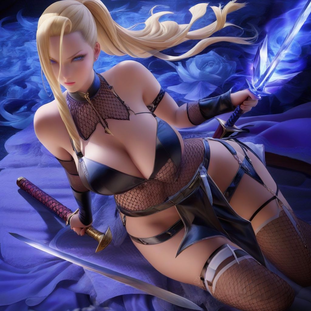 masterpiece, best quality, masterpiece,best quality,official art,extremely detailed CG unity 8k wallpaper, game_cg, sakimichan,sakimichan, 1girl, weapon, breasts, solo, high heels, blonde hair, bare shoulders, blue eyes, sword, navel, large breasts, thighhighs, long hair, holding weapon, looking at viewer, fishnets, ponytail, parted lips, holding, kunai, piercing, midriff, cleavage, thigh strap,<lora:sdxllora-000006:1>