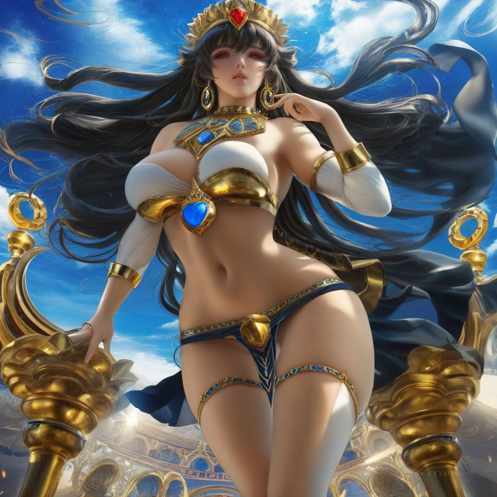 masterpiece, best quality, masterpiece,best quality,official art,extremely detailed CG unity 8k wallpaper, game_cg,sakimichan, detailed face, 1girl, ishtar \(fate\), thighhighs, single thighhigh, single detached sleeve, solo, jewelry, black hair, breasts, long hair, earrings, bangs, barefoot, looking at viewer, parted bangs, hoop earrings, navel, asymmetrical legwear, red eyes, crown, large breasts, anklet, single elbow glove, black thighhighs, asymmetrical sleeves, ass, cleavage, uneven sleeves , <lora:sdxllora-000006:1>