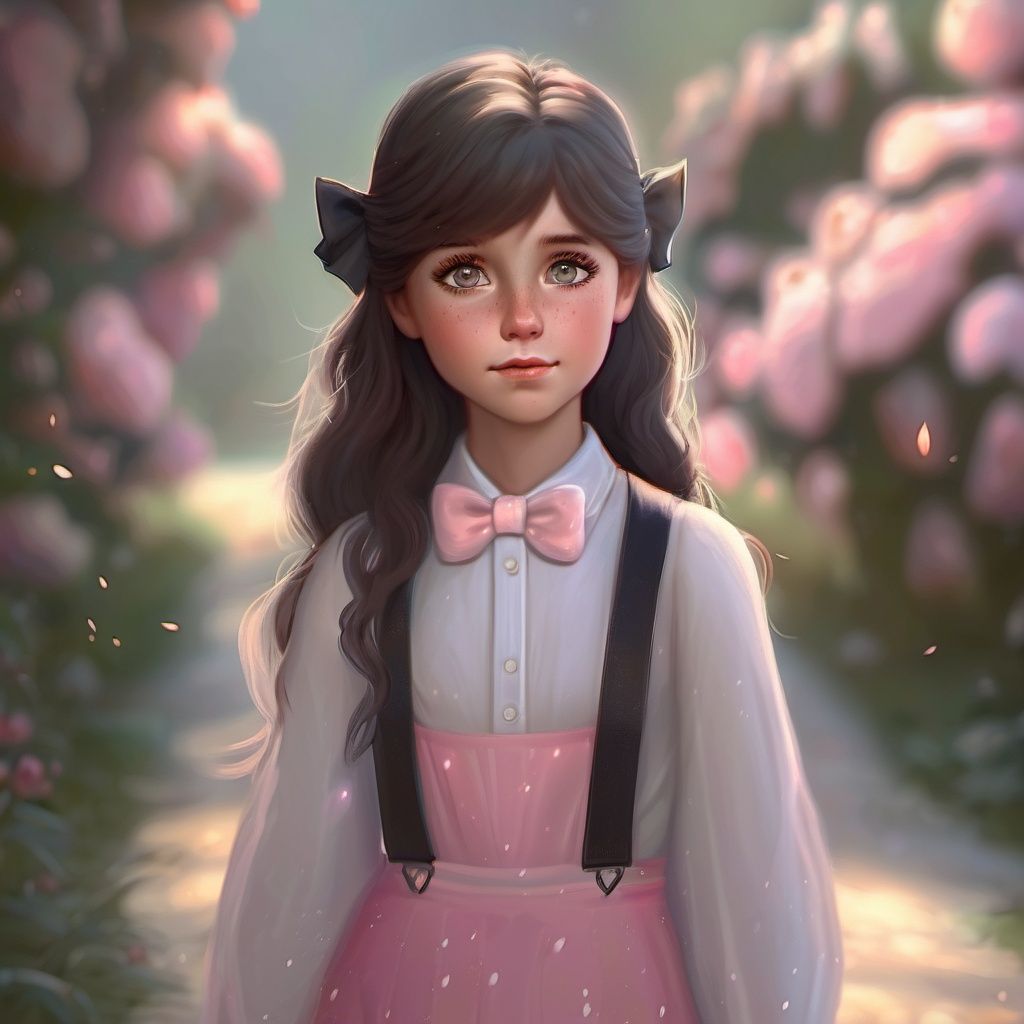 1 little girl  ,masterpiece,highest quality,high quality,cute,(__camAngles__:1),highres,by Jeremy Lipking,by Antonio J. Manzanedo,,dramatic atmosphere,sharp focus,volumetric lighting,in luxury advertisement.,solid background,realistic photo,realistic,looking at viewer,film light,long eyelashes,  goddess,glowing eyes,monet,white 3d background, ,  shirt, hair bow, bangs, black eyes, hairclip, blush, suspenders, long sleeves, black bow, heart, long hair, pink shirt, frills, pink bow, suspender skirt, virtual youtuber,full body