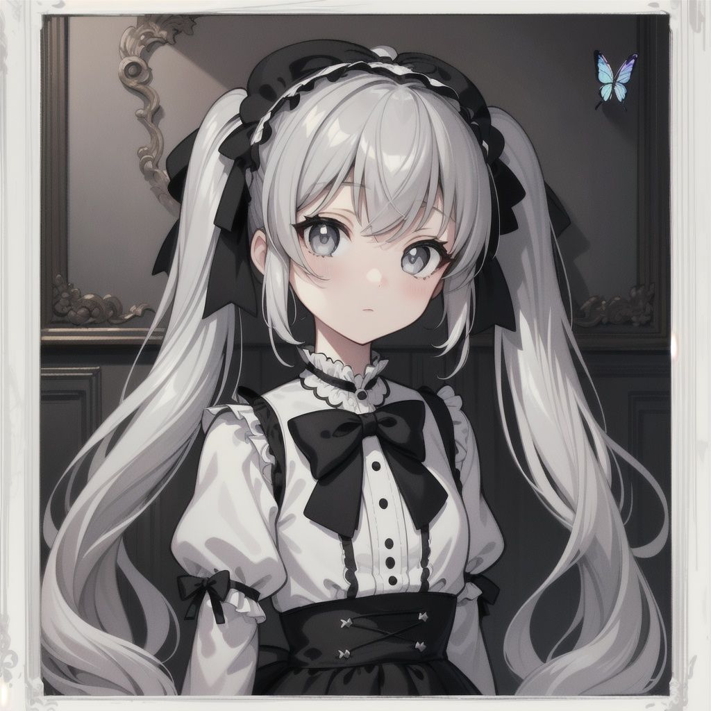 (masterpiece), (best quality), (illustration),1girl, solo, ((an extremely delicate and beautiful)), ((little girl)) , cute, expressionless, beautiful detailed eyes,grey eyes, silver hair, short twintails, ((very_long_hair)), {{Gothic_Lolita}}, black_white skirt, bowtie, hair bow, [flying butterfly], ink and wash painting,,