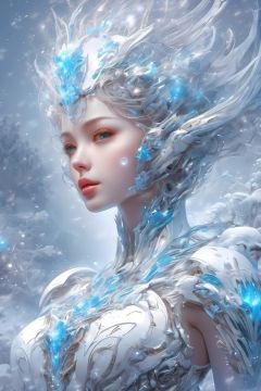 (masterpiece, top quality, best quality, official art, beautiful and aesthetic:1.2),extreme detailed,(fractal art:1.3),colorful,highest detailed..,(1girl),White,Blue,Chest,Abdomen,Snowflakes falling,(whole body:1.5),a face,relief,,mecha,11