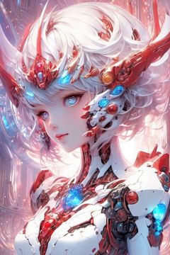 (masterpiece, top quality, best quality, official art, beautiful and aesthetic:1.2),(1girl),extreme detailed,(fractal art:1.3),colorful,highest detailed..,,White,Chest,Abdomen,(universe background,surreal),((blue short hair)),,a face,(Only one face.:1.1),.,relief,Pink Mecha,((red eyes))