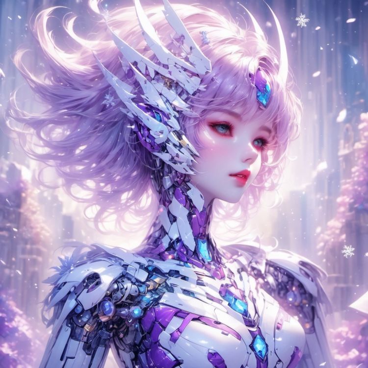 (masterpiece, top quality, best quality, official art, beautiful and aesthetic:1.2),(1girl),extreme detailed,(fractal art:1.3),colorful,highest detailed..,Purple,White,Blue,Chest,Abdomen,Snowflakes falling,(whole body:1.5),a face,(Only one face.:1.1),.,relief,Pink Mecha