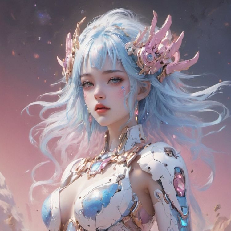 (masterpiece, top quality, best quality, official art, 4k,beautiful and aesthetic:1.2),(1girl),extreme detailed,colorful,highest detailed,White,Chest,Abdomen,(Cosmic background),((blue hair)),Pink Mecha,Minimalist style