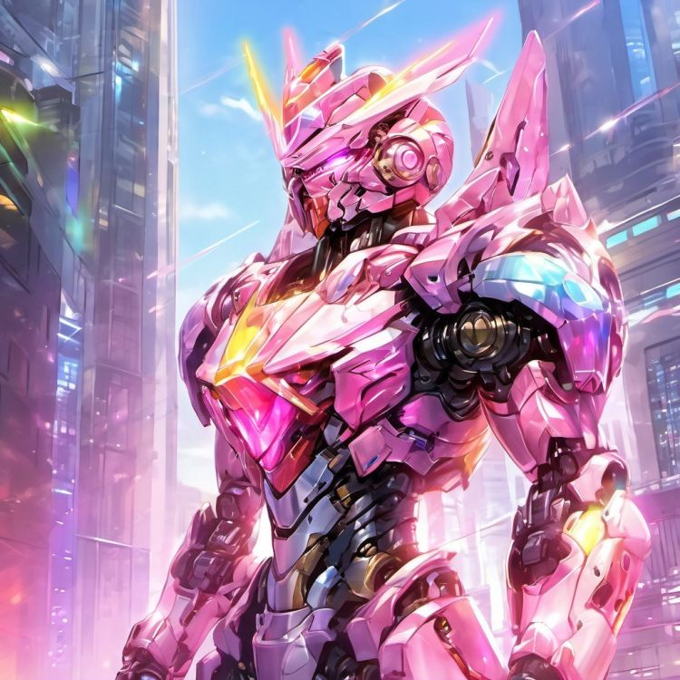 upper body, armor, shoulder_armor, hemlet,  male focus, solo,  (realistic:1.5), cityscape, science_fiction, building, (glow:1.5),  (metal:1.5), (multicolored:1.5), rainbow,pink mecha