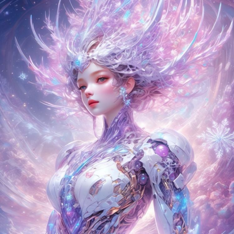 (masterpiece, top quality, best quality, official art, beautiful and aesthetic:1.2),(1girl),extreme detailed,(fractal art:1.3),colorful,highest detailed..,Purple,White,Blue,Chest,Abdomen,Snowflakes falling,(whole body:1.5),a face,(Only one face.:1.1),.,relief,Pink Mecha