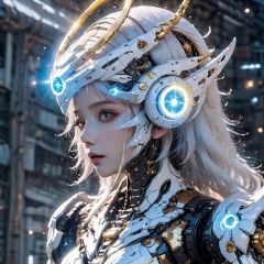 masterpiece,best quality,ultra-detailed,very detailed illustrations,extremely detailed,half-mach,intricate details,highres,super complex details,extremely detailed 8k cg wallpaper,cowboy shot, caustics,reflection,ray tracing,demontheme,nebula,dark aura,cyber effect, (1girl:1.4),solo,alone,mecha musume,mechanical parts, robot joints,single mechanical arm, headgear, mechanical halo,star halo,intricate mechanical bodysuit, mecha corset, full armor, very long hair,white hair, hair between eyes, multicolored hair, colored inner hair, glowing eye,eye trail, random expressions,random action, pond, starry sky,skyline,11