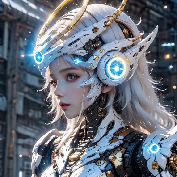 masterpiece,best quality,ultra-detailed,very detailed illustrations,extremely detailed,half-mach,intricate details,highres,super complex details,extremely detailed 8k cg wallpaper,cowboy shot, caustics,reflection,ray tracing,demontheme,nebula,dark aura,cyber effect, (1girl:1.4),solo,alone,mecha musume,mechanical parts, robot joints,single mechanical arm, headgear, mechanical halo,star halo,intricate mechanical bodysuit, mecha corset, full armor, very long hair,white hair, hair between eyes, multicolored hair, colored inner hair, glowing eye,eye trail, random expressions,random action, pond, starry sky,skyline,11