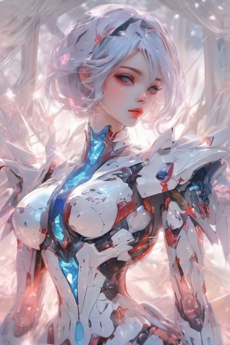 (masterpiece, top quality, best quality, official art, beautiful and aesthetic:1.2),(1girl),extreme detailed,(fractal art:1.3),colorful,highest detailed..,,White,Chest,Abdomen,(universe background,surreal),((blue short hair)),,a face,(Only one face.:1.1),.,relief,Pink Mecha,((red eyes))