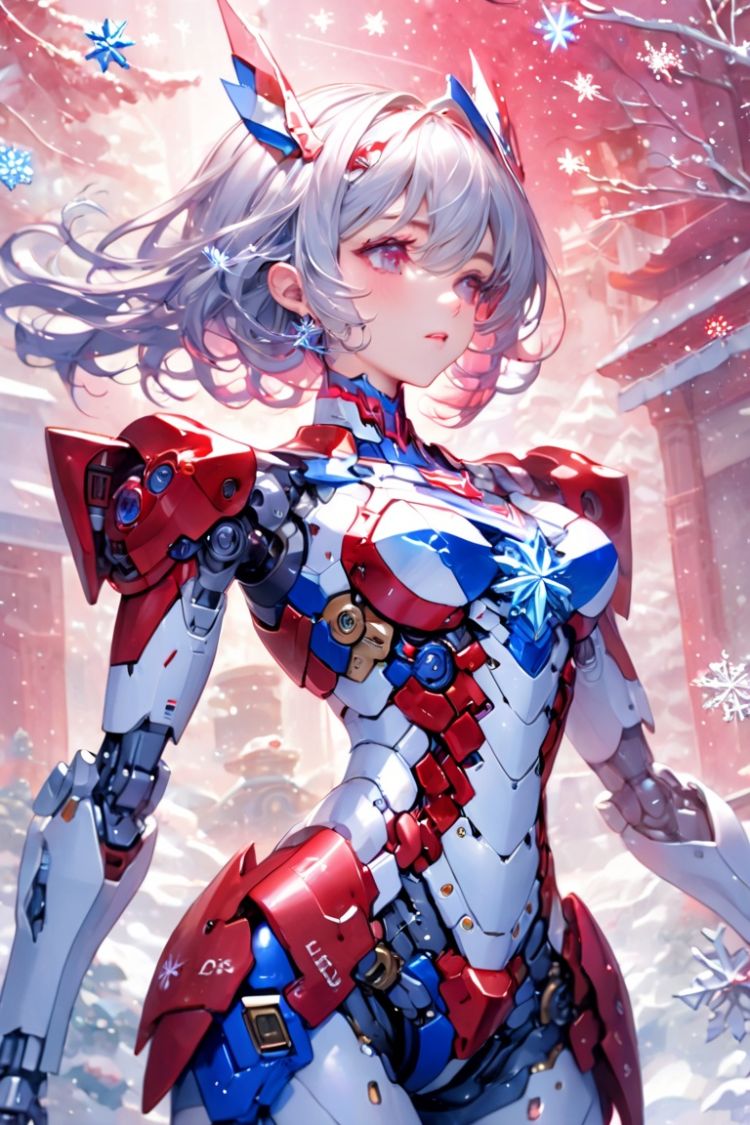 (masterpiece, top quality, best quality, official art, beautiful and aesthetic:1.2),(1girl),extreme detailed,colorful,highest detailed.red,White,Blue,Chest,Abdomen,Snowflakes falling,(whole body:1.5),a face,(Only one face.:1.1),Pink Mecha