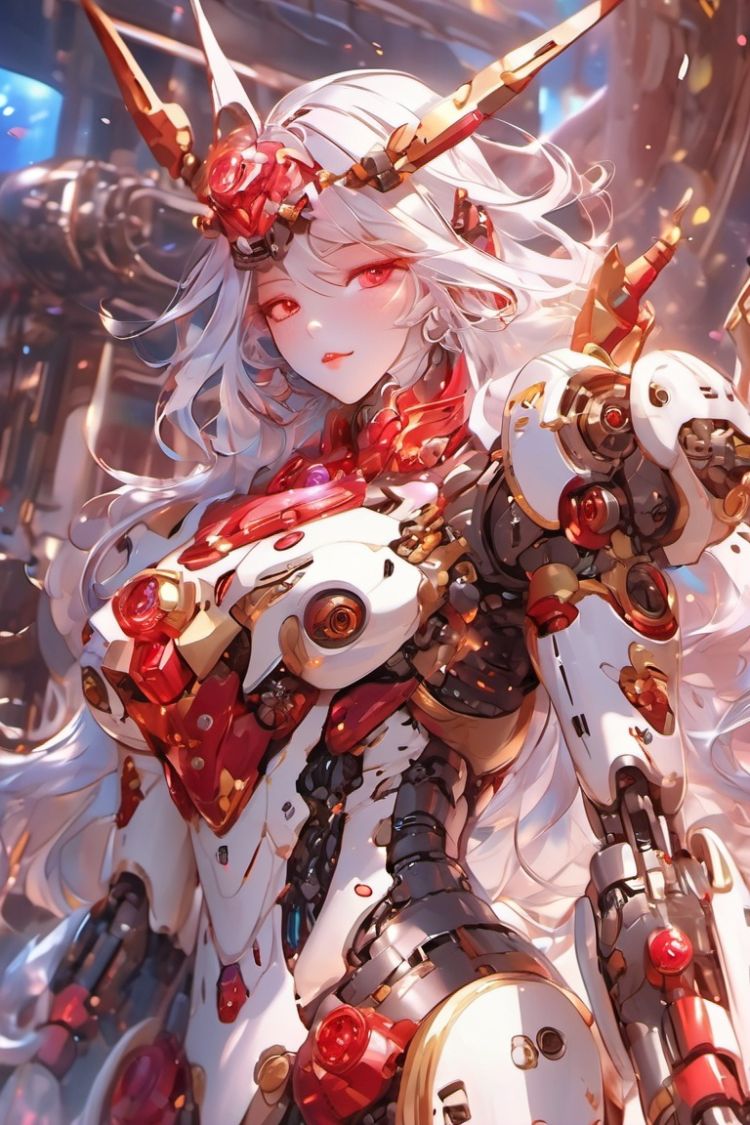 masterpiece,best quality,ultra-detailed,very detailed illustrations,extremely detailed,half-mach,intricate details,highres,super complex details,extremely detailed 8k cg wallpaper,cowboy shot, caustics,reflection,ray tracing,demontheme,nebula,dark aura,cyber effect, (1girl:1.4),solo,alone,mecha musume,mechanical parts, robot joints,single mechanical arm, headgear, mechanical halo,star halo,intricate mechanical bodysuit, mecha corset, full armor, very long hair,white hair, hair between eyes, multicolored hair, colored inner hair, red eyes,glowing eye,eye trail, random expressions,random action, ancient japanese architecture,pond, starry sky,skyline, ,
,11