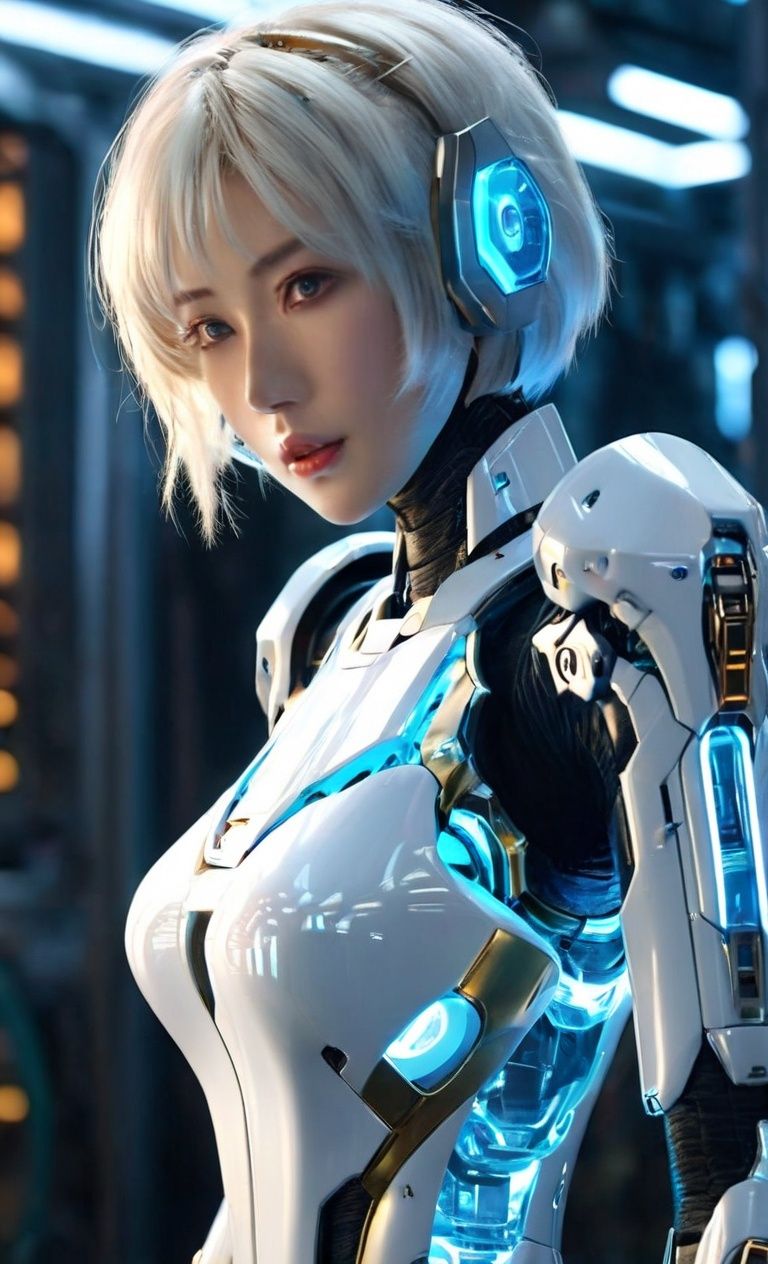 (8k, RAW photo, best quality, masterpiece:1.2),(realistic, photo-realistic:1.4),ultra-detailed,(extremely detailed cg 8k wallpaper:1.2),(crystalstexture skin:1.2),(extremely delicate and beautiful),machinery,Mecha,1girl,solo,short hair,profile,(full body:2),science fiction,closed mouth,white hair,headgear,Technological background,