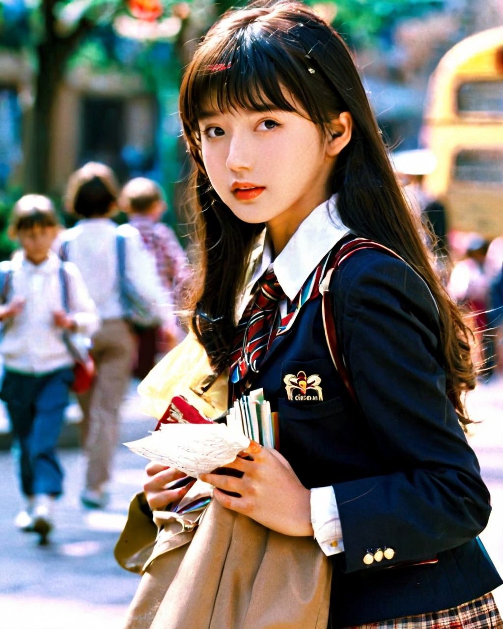masterpiece,(best quality:1.3),ultra high res,raw photo,detailed skin,style: realistic pictures,1girl,school uniform,city,street,retro,film,(COOL:1.4),