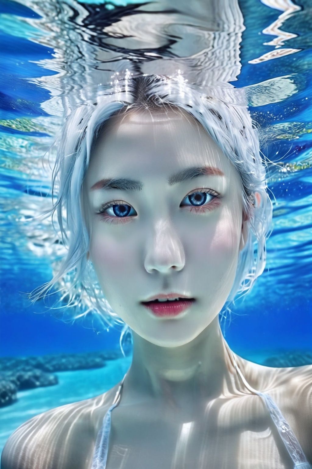 (8k, RAW photo, best quality, masterpiece:1.2),(realistic, photo-realistic:1.4), ultra-detailed, extremely detailed cg 8k wallpaper,(crystalstexture skin:1.2), (extremely delicate and beautiful),detailed skin,1girl,aquatic,underwater,underwater photography,immersed,white shirt,lovely,correct,looking towards the camera,white hair,upper body,(facing the camera directly:1.5),(light blue seawater:1.4),