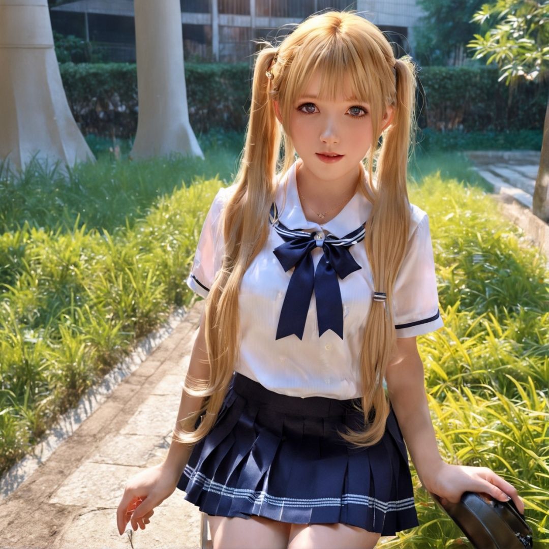 (8k, RAW photo, best quality, masterpiece:1.2),(realistic, photo-realistic:1.4), ultra-detailed, extremely detailed cg 8k wallpaper,(crystalstexture skin:1.2), (extremely delicate and beautiful),1girl, serafuku, school_uniform, solo, long_hair, skirt, blonde_hair, twintails, looking_at_viewer