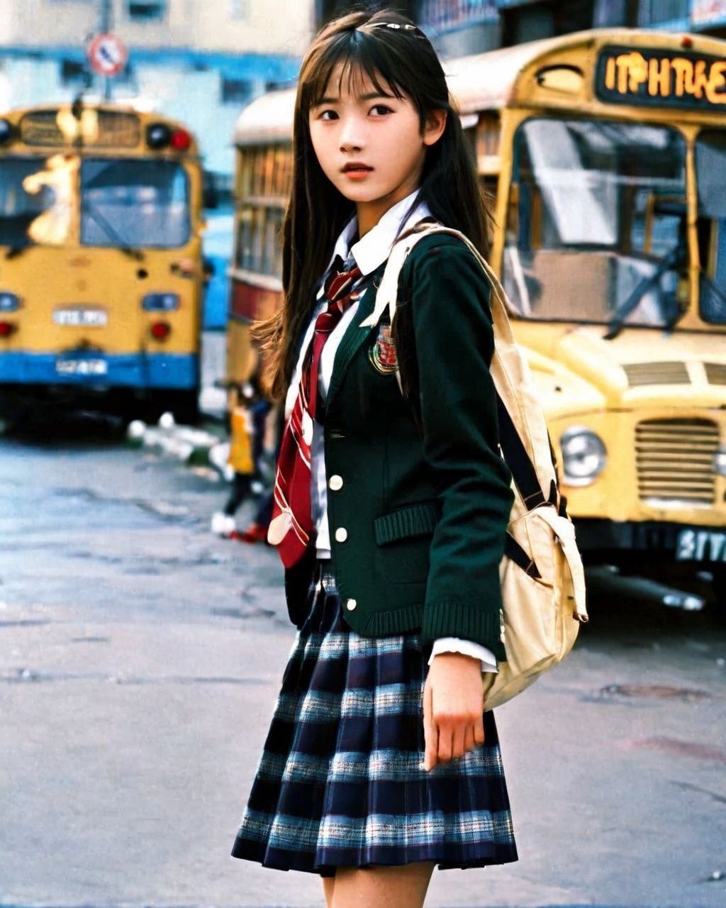 (realistic:1.4),masterpiece,(best quality:1.3),ultra high res,raw photo,detailed skin,1girl,school uniform,city,street,film,