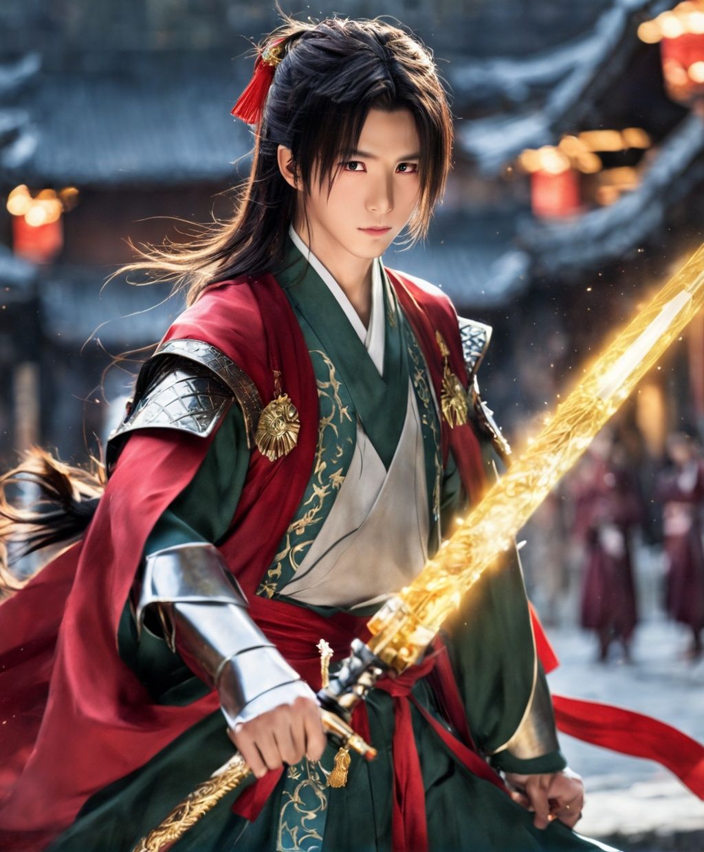 (masterpiece:1.2), best quality,PIXIV,midjourney portrait,weapon, sword, long hair, armor, multiple boys, holding, shoulder armor, black hair, gloves, hanfu, brown hair, white gloves, chinese clothes, looking at viewer, tassel, holding sword, holding weapon, earrings, wide sleeves, jewelry, standing, long sleeves, pauldrons, closed mouth, ponytail, dragon, brown eyes, multiple girls, bangs, cape