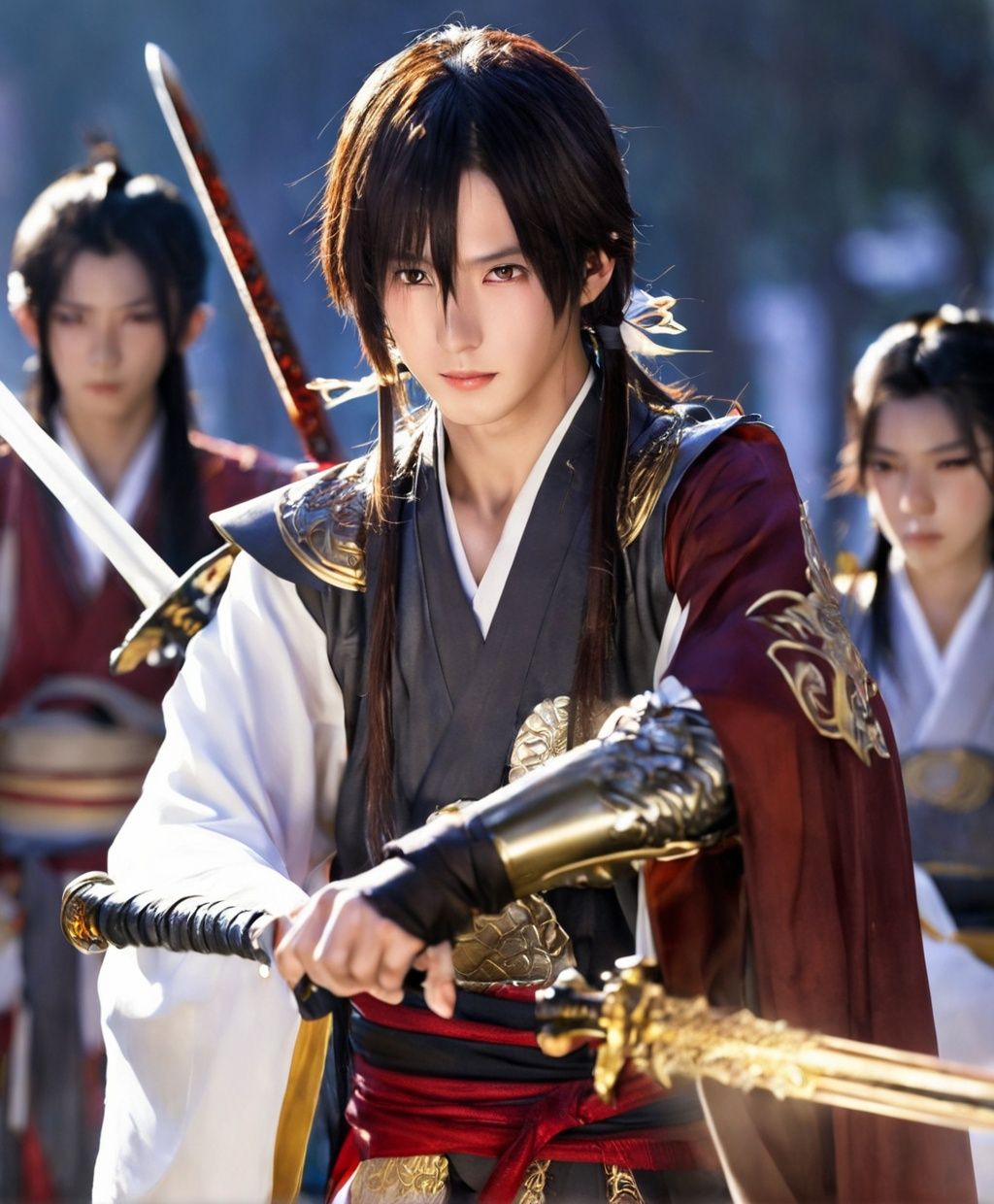 (masterpiece:1.2), best quality,PIXIV,midjourney portrait,weapon, sword, long hair, armor, multiple boys, holding, shoulder armor, black hair, gloves, hanfu, brown hair, white gloves, chinese clothes, looking at viewer, tassel, holding sword, holding weapon, earrings, wide sleeves, jewelry, standing, long sleeves, pauldrons, closed mouth, ponytail, dragon, brown eyes, multiple girls, bangs, cape