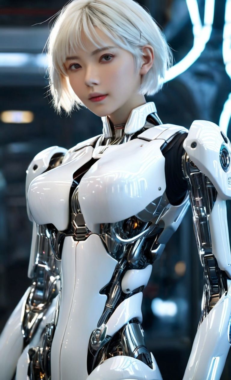 (8k, RAW photo, best quality, masterpiece:1.2),(realistic, photo-realistic:1.4),ultra-detailed,(extremely detailed cg 8k wallpaper:1.2),(full body:2),(the four limbs:1.8),(crystalstexture skin:1.2),(extremely delicate and beautiful),machinery,Mecha,1girl,solo,short hair,profile,science fiction,closed mouth,white hair,headgear,Technological background,