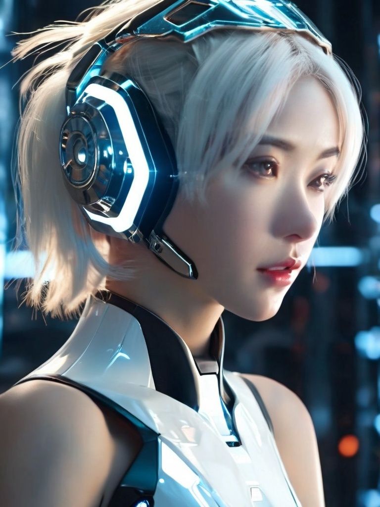 (8k, RAW photo, best quality, masterpiece:1.2),(realistic, photo-realistic:1.4),ultra-detailed,(extremely detailed cg 8k wallpaper:1.2),(crystalstexture skin:1.2),(extremely delicate and beautiful),machinery,Mecha,1girl,solo,short hair,profile,full body,science fiction,closed mouth,white hair,headgear,Technological background,
