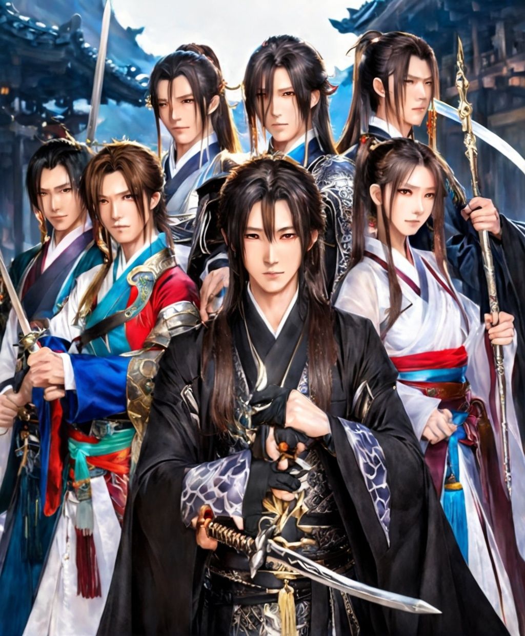 (masterpiece:1.2), best quality,PIXIV,midjourney portrait,weapon, sword, long hair, armor, multiple boys, holding, shoulder armor, black hair, gloves, hanfu, brown hair, white gloves, chinese clothes, looking at viewer, tassel, holding sword, holding weapon, earrings, wide sleeves, jewelry, standing, long sleeves, pauldrons, closed mouth, ponytail, dragon, brown eyes, multiple girls, bangs, cape