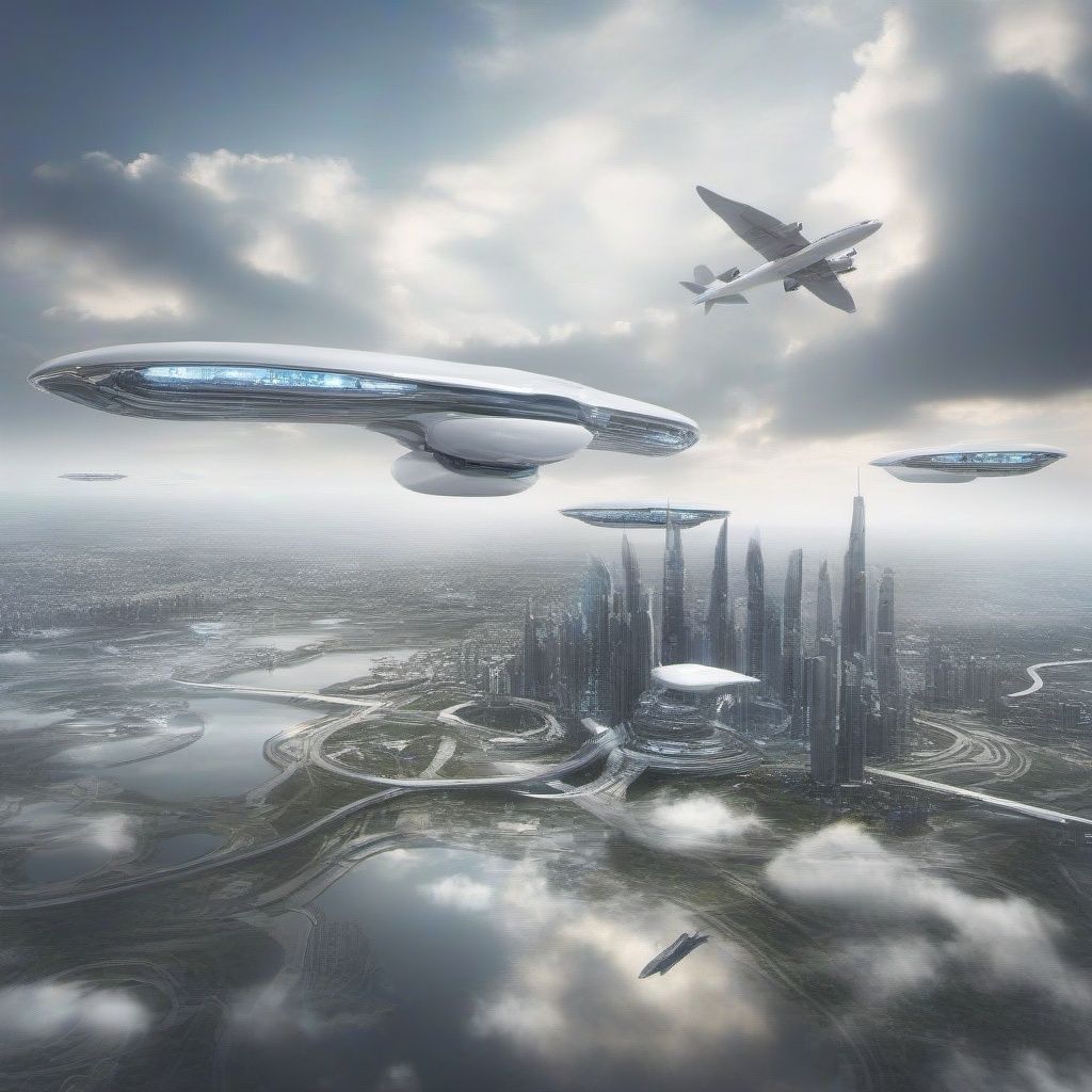 Future City, cloud, sky, aircraft, vehicle focus, scenery, outdoors, watermark, day, airplane, cloudy sky, water, no humans