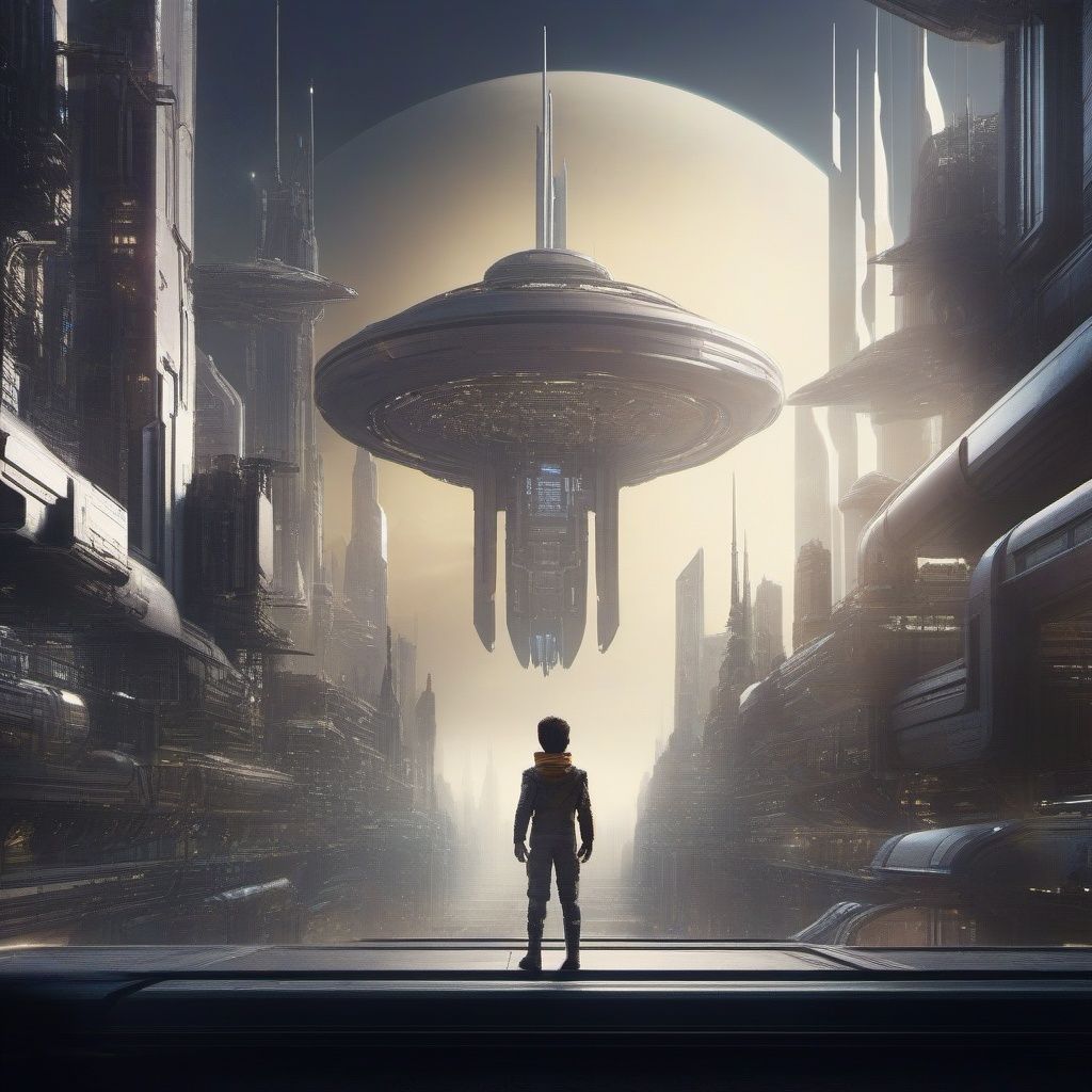 Future City, science fiction, letterboxed, 1boy, scenery, spacecraft, building, city, from behind, solo, standing