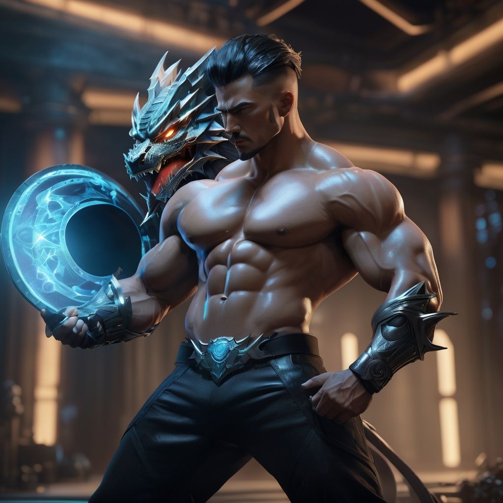 realistic, masterpiece, detailed, dynamic lighting, soft shadow, detailed background, professional photography, intricate, subsurface scattering, realistic hair, muscular, cyberwizard, magic circle, casting spell, cyberpunk, science fiction, magic, dynamic pose, fighting stance, magic circle in background, MenEro, Muscular development, Upper body, Wearing a mech., Expose your belly button, Behind it is a magic array., Behind it is the dragon, Whole body, Underwear bulging, cinematic, depth of field, best quality,MenEro