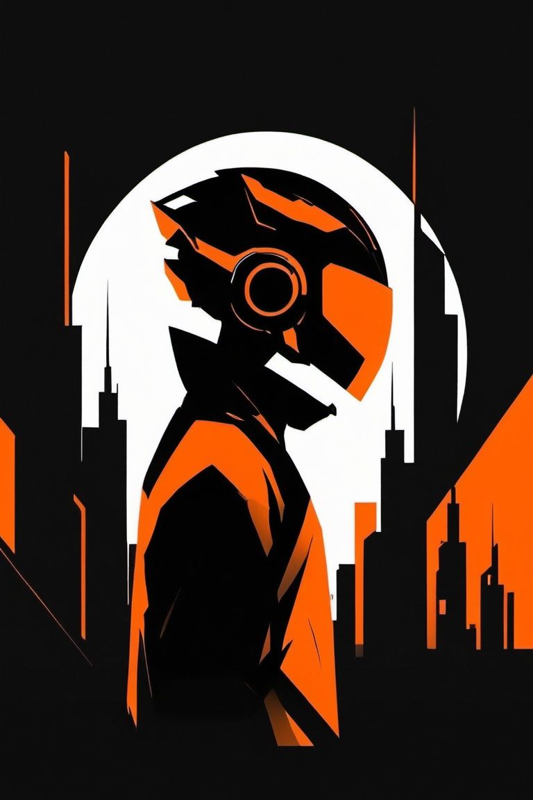 minimalism,simple black and orange background,Future City, science fiction, 1boy, helmet, 