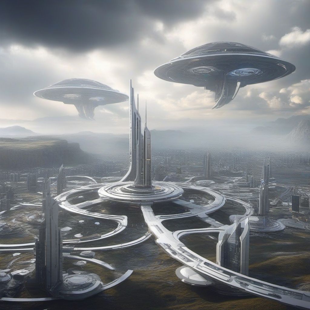 Future City, scenery, no humans, cloud, mountain, outdoors, sky, landscape, science fiction, cloudy sky, day