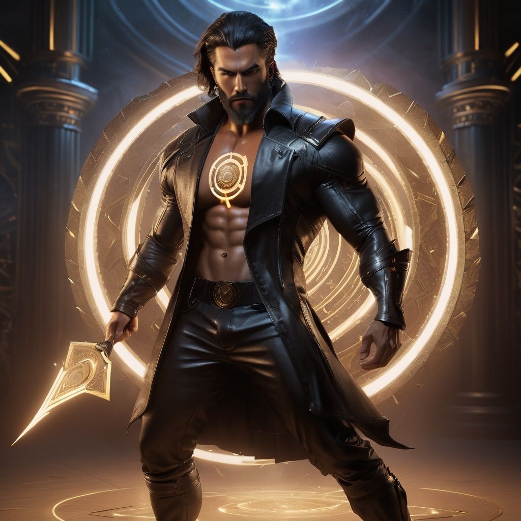 realistic, ((masterpiece)), ((best quality)), (detailed), cinematic, dynamic lighting, soft shadow, detailed background, professional photography, depth of field, intricate, detailed face, subsurface scattering, realistic hair, realistic eyes, muscular, manly, pectorals, abs, photo of a handsome man, cyberwizard, magic circle, casting spell, cyberpunk, science fiction, magic, full body, dynamic pose, fighting stance, magic circle in background, dynamic angle, glowing, beard