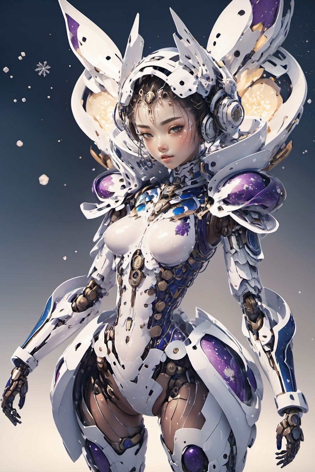 1girl),(full body:1.5),(masterpiece, top quality, best quality, official art, beautiful and aesthetic:1.2),Hands on the waist,(extreme detailed,(fractal art:1.3),colorful,highest detailed..,Purple,White,Blue,Chest,Abdomen,Snowflakes falling,,a face,(Only one face.:1.1),.,relief,Pink Mecha,Honey Mecha,  <lora:d6-mecha-000010:1>,d6-mecha