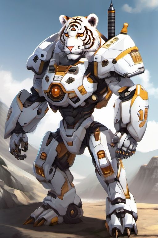 A wearing mecha White tiger , full of sense of science and technology,Honey Mecha,(extreme detail:1.2) , <lora:d6-mecha-000010:1>