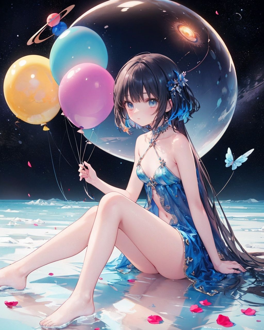 ([balloons:Small planets:0.5]:1.4), (Small_planets inside of balloons:1.4), (lots of colorful Small_planets:1.35) (colorful planets, earth, floating petals, big balloons:1.22), 1 girl, cute face, Full body, sitting, detailed beautiful eyes, bare legs, costume combination, Goddess, perfect body, [nsfw:0.88] (sitting on ice_planet:1.22) (lots of [floting blue Butterflies:floting ice:0.4]:1.22) (detailed light), (an extremely delicate and beautiful), volume light, best shadow,cinematic lighting, Depth of field, dynamic angle, Oily skin,