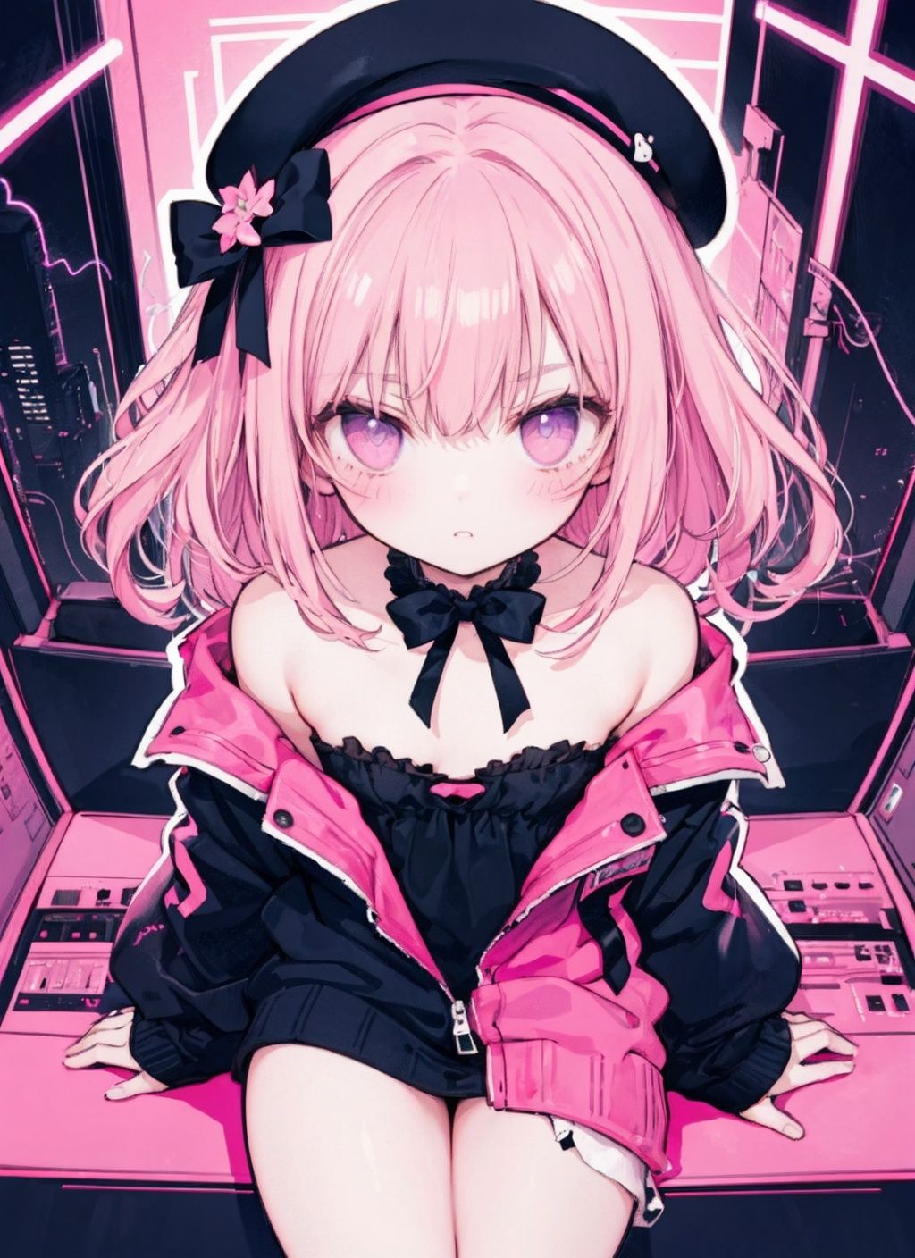 1 synth wave style girl, extremely detailed CG ,(masterpiece), (flat color:1.5), (best quality), (limited palette) , pink fluorescent paint, , noline art, silhouette, partially colored, (alternate color):1.4, dynamic angle, (pink, dark violet):1.3, dark violet shadow, (synth wave), (chromatic aberration) , (((thick) outline)), pink outline, (solo focus), pink neon lights, perfect shadow, cowboy shot, blank stare, beret, bowknot on beret, flat chest, wearing an off- shoulder floating jacket, short wavy delicate hair, blank stare, delicate face, bare shoulder, sitting on the top of the building,  beautiful and delicate eyes, (1 girl):1.5, solo, from above, delicate background, streets with neon lights