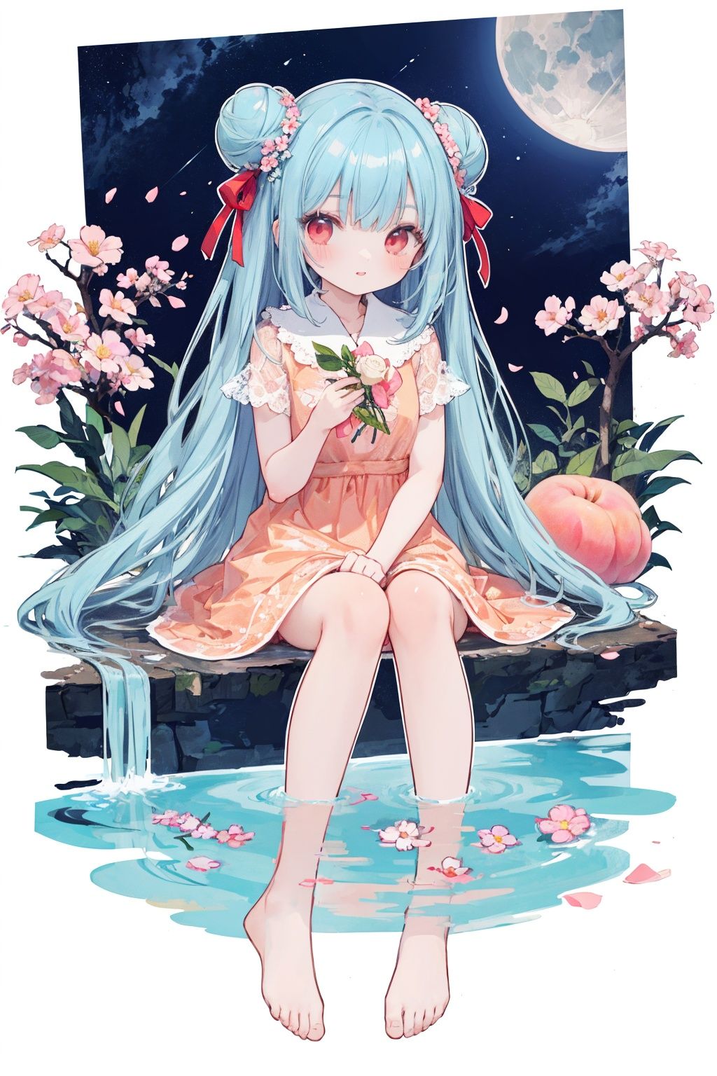 (flat design,hyper cute girl:1.0125),(multicolor,vector art,outline,:1.3401), (best quality), (masterpiece), incredibly_absurdres, highly detailed, refined rendering, illustration, (highres), original, night_sky, (close_on:1.2), (close shot), (a girl:1.3) is (sitting on the tree) and soaking feet, [[light smile]], (light_blue hair), very_long_hair, water inner hair, little double bun, (beautiful detailed eyes), (red eyes), floating ribbon, (peach blossom), flowers, (flower) tree, Petals on water, floating Petals, [[full moon]]