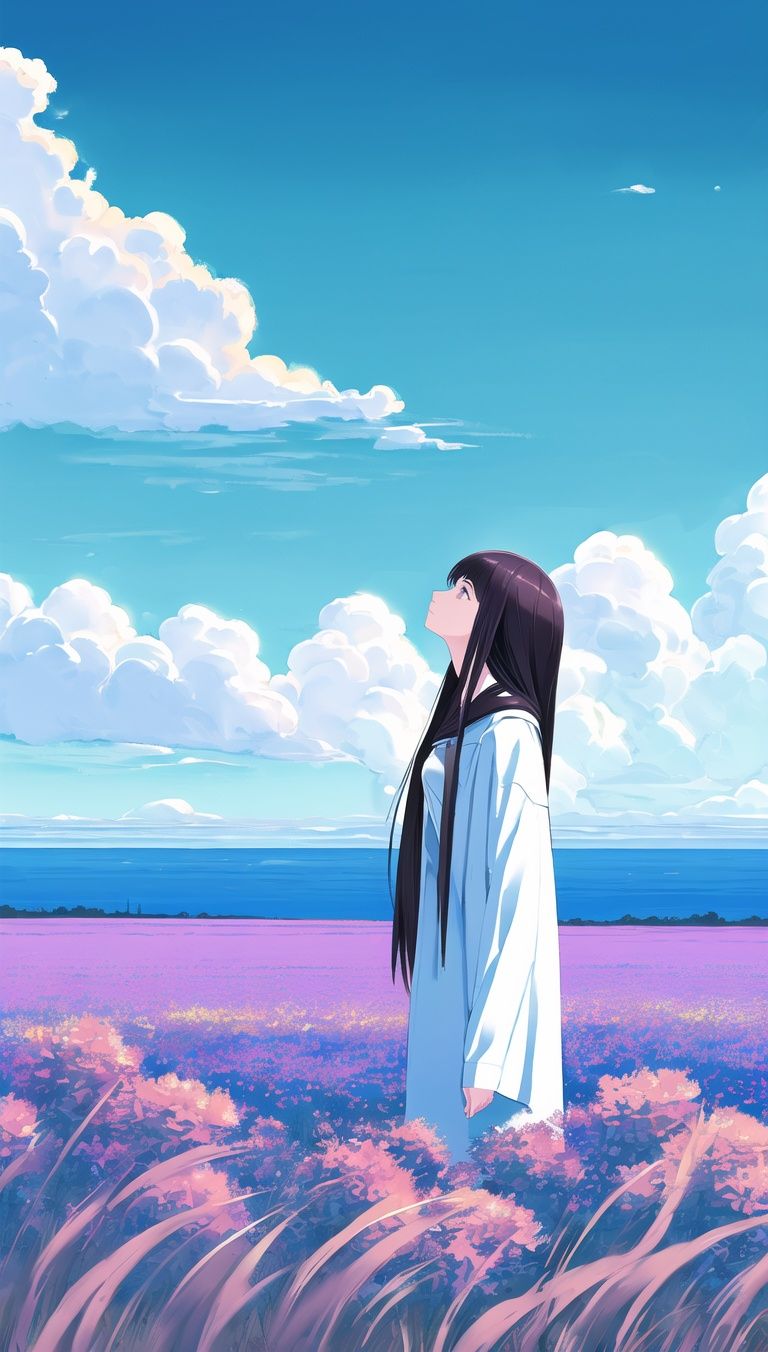 (masterpiece_1.2), best quality,(PIXIV_1.2),Line drawings，illustration，Original painting，mature woman, wife，full body，busty,masterpiece, best quality, Panorama, telephoto lens, full body, female, actress, long hair, in summer, sky, cloudy, flower sea, flower field, Student looking into the distance, side view, light blue sky, huge white clouds, Miyazaki, large landscape, dreamy fresh colours, flat illustrations, Graphic illustration, distant landscape, dreamy color<lora:yuzu2:0.05> <lora:yuzu高跟鞋_1.0:0.05> <lora:mrzx:0.1> <lora:Saasha Ichikawa:0.8>