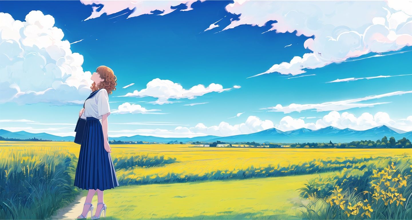 (masterpiece_1.2), best quality,(PIXIV_1.2),Line drawings，illustration，Original painting，mature woman, wife，full body，Student looking into the distance, side view, light blue sky, huge white clouds, Miyazaki, large landscape, dreamy fresh colours, flat illustrations, Graphic illustration, distant landscape, dreamy color, summer style ，Student looking into the distance, side view, light blue sky, huge white clouds, Miyazaki, large landscape, dreamy fresh colours, flat illustrations, Graphic illustration, distant landscape, dreamy color, summer style,busty,ashion earrings, skirt, curly hair,White high heels, bare legs, path, high heels,  photography,Full Length Shot ,Front View,8k,hyper quality<lora:yuzu2:0.05> <lora:yuzu高跟鞋_1.0:0.05> <lora:mrzx:0.1> <lora:Saasha Ichikawa:0.8>