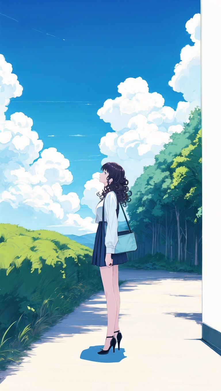 (masterpiece_1.2), best quality,(PIXIV_1.2),Line drawings，illustration，Original painting，mature woman, wife，full body，Student looking into the distance, side view, light blue sky, huge white clouds, Miyazaki, large landscape, dreamy fresh colours, flat illustrations, Graphic illustration, distant landscape, dreamy color, summer style ，Student looking into the distance, side view, light blue sky, huge white clouds, Miyazaki, large landscape, dreamy fresh colours, flat illustrations, Graphic illustration, distant landscape, dreamy color, summer style,busty,ashion earrings, skirt, curly hair,White high heels, bare legs, path, high heels,  photography,Full Length Shot ,Front View,8k,hyper quality<lora:yuzu2:0.05> <lora:yuzu高跟鞋_1.0:0.05> <lora:mrzx:0.1> <lora:Saasha Ichikawa:0.8>