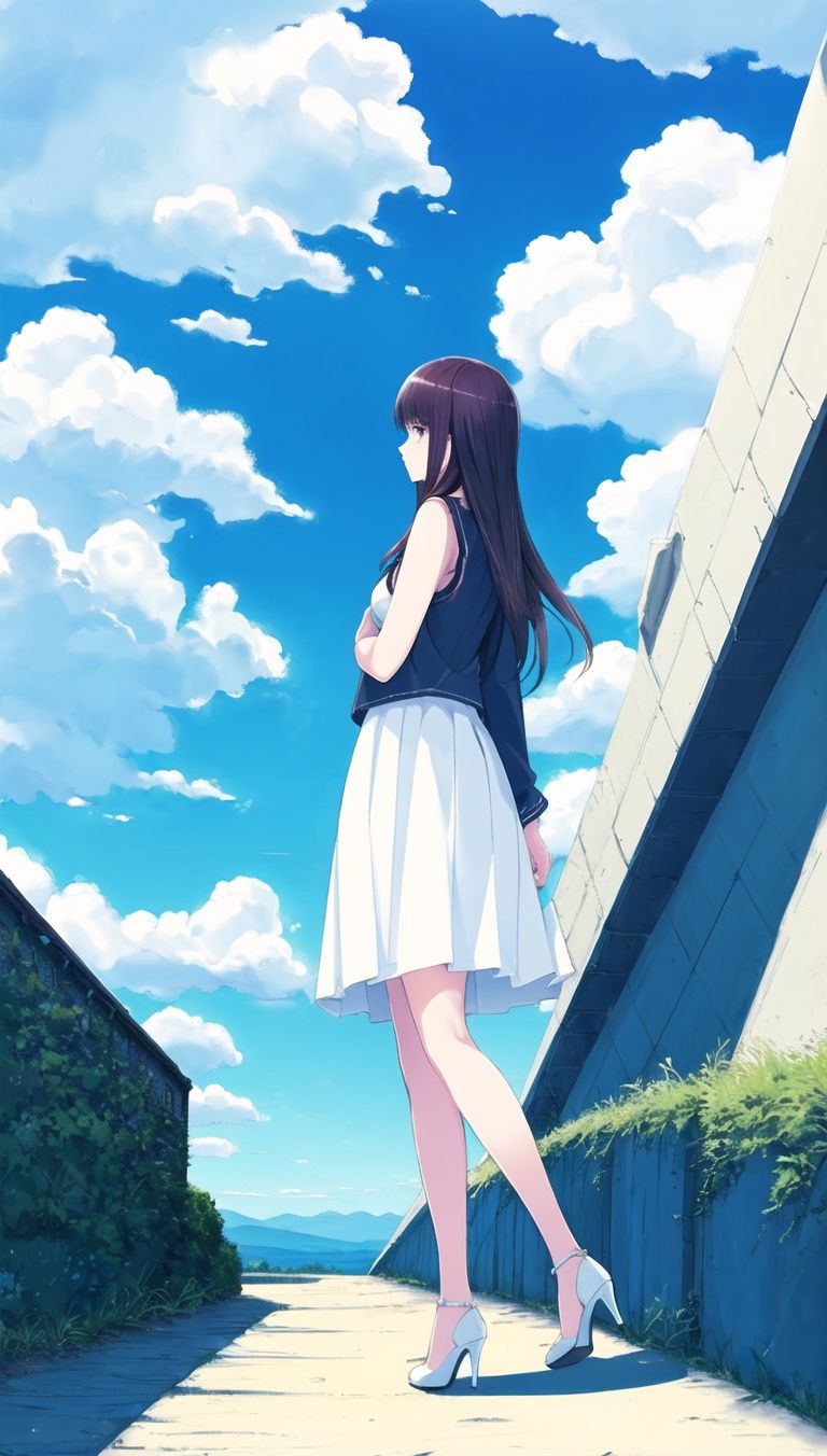 (masterpiece_1.2), best quality,(PIXIV_1.2),Line drawings，illustration，Original painting，mature woman, wife，full body，busty,Student looking into the distance, side view, light blue sky, huge white clouds, Miyazaki, large landscape, dreamy fresh colours, flat illustrations, Graphic illustration, distant landscape, dreamy color, summer style ，Student looking into the distance, side view, light blue sky, huge white clouds, Miyazaki, large landscape, dreamy fresh colours, flat illustrations, Graphic illustration, distant landscape, dreamy color, summer style,busty,ashion earrings, skirt, curly hair,White high heels, bare legs, path, high heels,  photography,Full Length Shot ,Front View,8k,hyper quality<lora:yuzu2:0.05> <lora:yuzu高跟鞋_1.0:0.05> <lora:mrzx:0.1> <lora:Saasha Ichikawa:0.8>