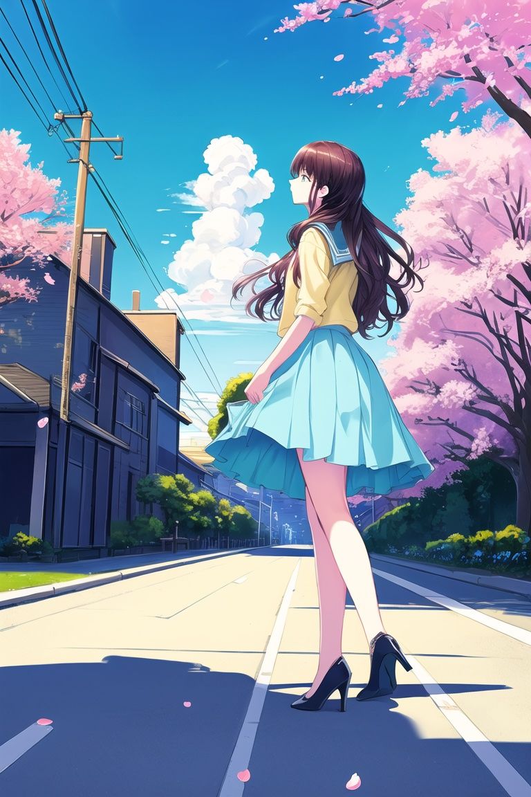 (masterpiece_1.2), best quality,(PIXIV_1.2),Line drawings，illustration，Original painting，mature woman, wife，full body，Tram, cherry blossoms，Student looking into the distance, side view, light blue sky, huge white clouds, Miyazaki, large landscape, dreamy fresh colours, flat illustrations, Graphic illustration, distant landscape, dreamy color, summer style,busty,ashion earrings, skirt, curly hair,White high heels, bare legs, path, high heels,  photography,Full Length Shot ,Front View,8k,hyper quality<lora:yuzu2:0.05> <lora:yuzu高跟鞋_1.0:0.05> <lora:mrzx:0.1> <lora:Saasha Ichikawa:0.8>