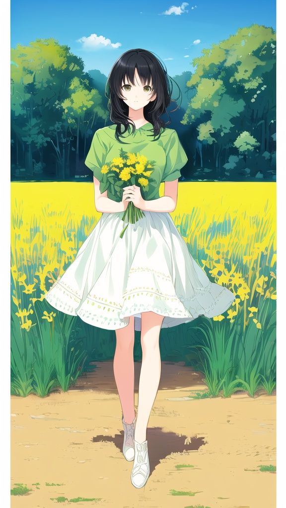 (masterpiece:1.2), best quality,(PIXIV:1.2),Line drawings，illustration，Original painting，Standing drawings of characters，Katou Megumi,1girl,solo,painting,summer_dress,,natural,midjourney,(highly detailed), ultra-detailed, black hair,illustration,sunny,outdoor,colorful,green,grass,full_body,flower field, city, <lora:mrzx-000002:0.8>