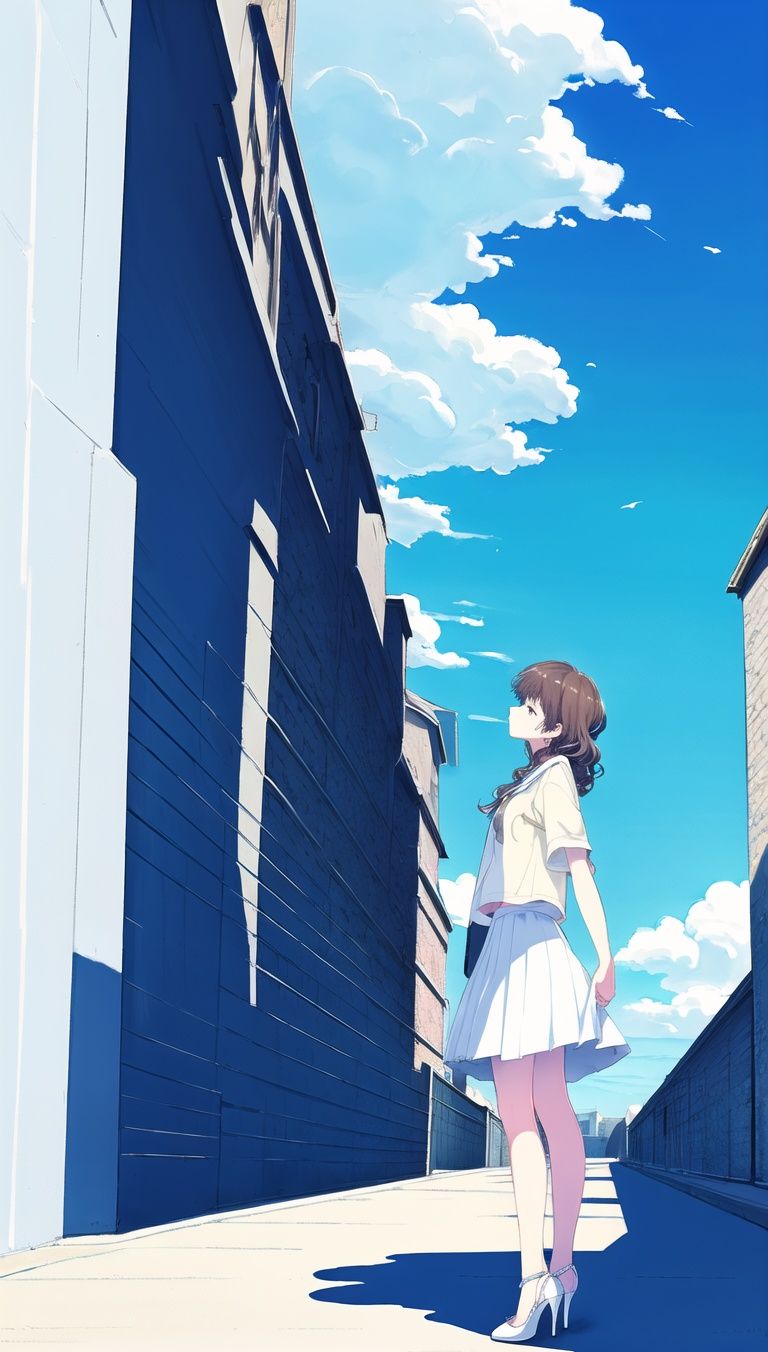 (masterpiece_1.2), best quality,(PIXIV_1.2),Line drawings，illustration，Original painting，mature woman, wife，full body，busty,Student looking into the distance, side view, light blue sky, huge white clouds, Miyazaki, large landscape, dreamy fresh colours, flat illustrations, Graphic illustration, distant landscape, dreamy color, summer style ，Student looking into the distance, side view, light blue sky, huge white clouds, Miyazaki, large landscape, dreamy fresh colours, flat illustrations, Graphic illustration, distant landscape, dreamy color, summer style,busty,ashion earrings, skirt, curly hair,White high heels, bare legs, path, high heels,  photography,Full Length Shot ,Front View,8k,hyper quality<lora:yuzu2:0.05> <lora:yuzu高跟鞋_1.0:0.05> <lora:mrzx:0.1> <lora:Saasha Ichikawa:0.8>