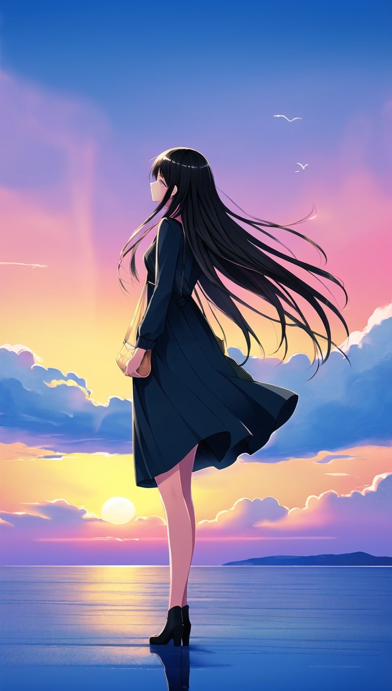 (masterpiece_1.2), best quality,(PIXIV_1.2),Line drawings，illustration，Original painting，1girl, solo, cloud, sky, long hair, outdoors, bag, bird, dress, scenery, cloudy sky, standing, horizon, long sleeves, reflection, water, wide shot, wind, sunset, black hair, holding, pink dress, walking, ocean, pink sky， dreamy fresh colours, flat illustrations, Graphic illustration, distant landscape, dreamy color, summer style<lora:yuzu2:0.05> <lora:yuzu高跟鞋_1.0:0.05> <lora:mrzx:0.1> <lora:Saasha Ichikawa:0.8>