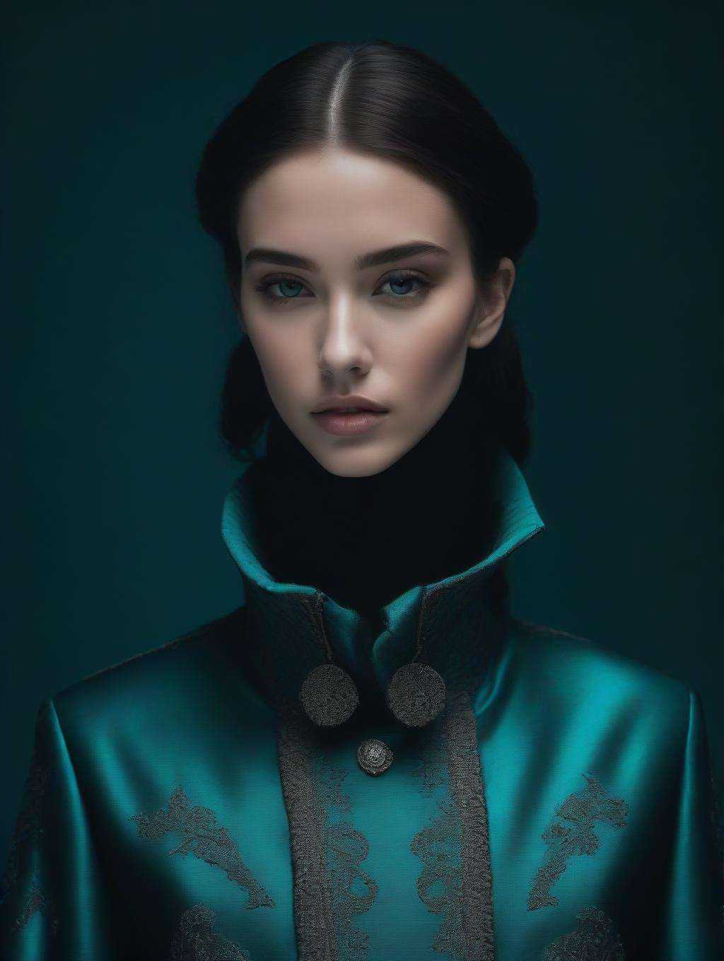 An award-winning closeup photo of a female model wearing a baggy teal distressed medieval cloth womenswear jacket by alexander mcqueen, 4 k, studio lighting, wide angle lens